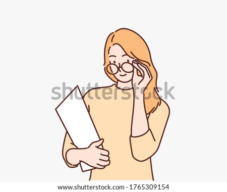 Evil teacher woman takes off her glasses, woman with homeworks of her students, Hand drawn style vector design illustrations.
