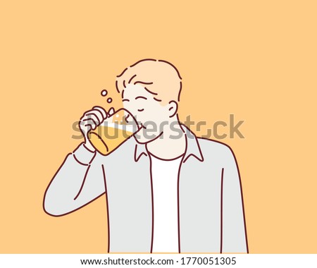 Man drinking beer. Hand drawn style vector design illustrations.