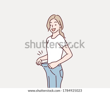 Slimming woman wearing big pants. Hand drawn style vector design illustrations.