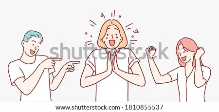 Happy group of young people. Hand drawn style vector design illustrations.