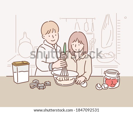 Children cooking in the kitchen. Hand drawn style vector design illustrations.