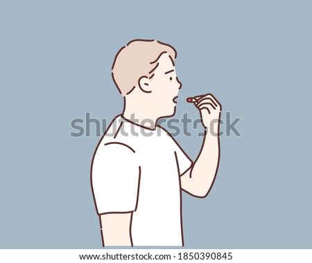 A sick man with heat takes pills. A man puts a medicinal tablet in his mouth. Hand drawn style vector design illustrations.