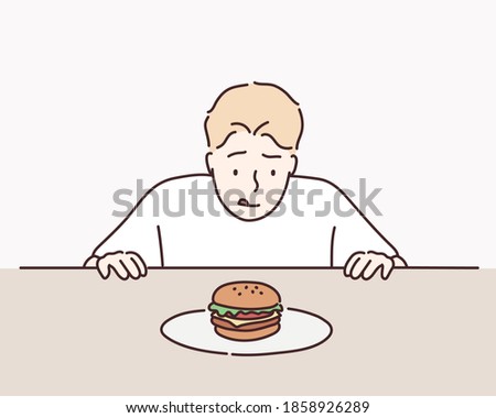 Sweet tooth man on diet tempted by hamburger. Hand drawn style vector design illustrations.