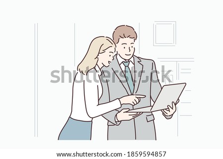 Business colleagues looking at tablet in office. Hand drawn style vector design illustrations.