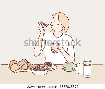 Woman sits at table overloaded with many desserts. Hand drawn style vector design illustrations.