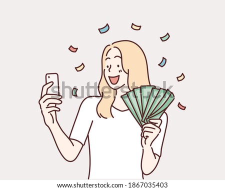 Woman holding smartphone and dollars. drawn style vector design illustrations.
