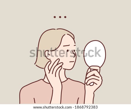 Young woman looking at mirror at home. feeling puzzled and worried. Hand drawn style vector design illustrations.