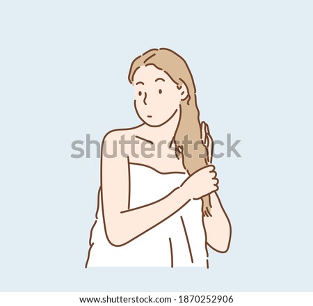 Lovely female with wet hair, takes shower, dries head with towel. Hand drawn style vector design illustrations.