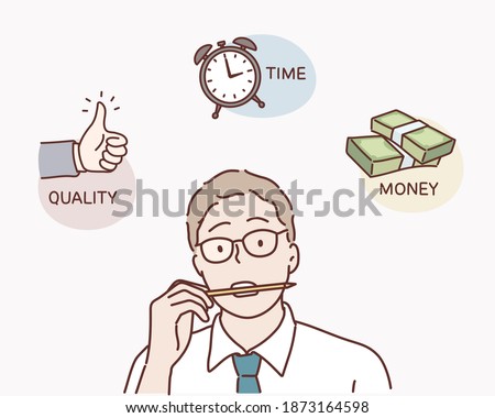 Business man contemplating over conflicting interrelated values triangle. Time, money cost or quality question concept.Hand drawn style vector design illustration.