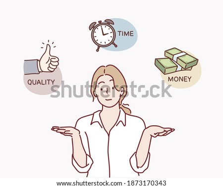 Business woman contemplating over conflicting interrelated values triangle. Time, money cost or quality question concept.Hand drawn style vector design illustration.