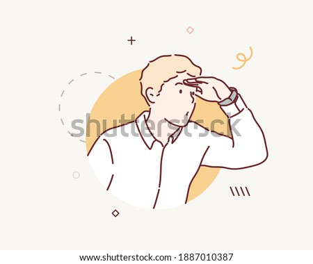 Face of funny male searching something isolated on white. Curious guy looking through circle shape. Hand drawn style vector design illustrations.
