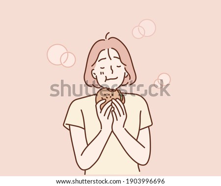 pink background woman with hamburger enjoyment smile. Hand drawn style vector design illustrations.