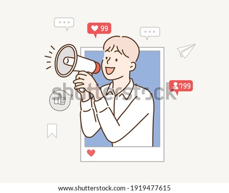  internet advertisement. Hands holding smartphone with a man shouting in loud speaker. Influencer marketing, social media or network promotion,Hand drawn style vector design illustration.
