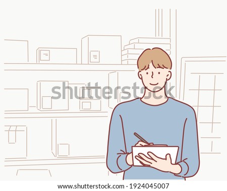 Dropshipping business owner working, checking order to confirm before sending to customer. Hand drawn style vector design illustrations.