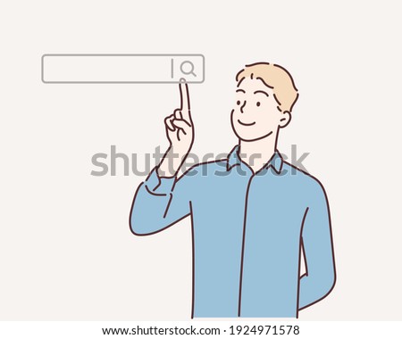 Searching Browsing Internet Data Information Networking Concept,Business man clicking internet search page on computer touch screen,copy space.Hand drawn style vector design illustrations.