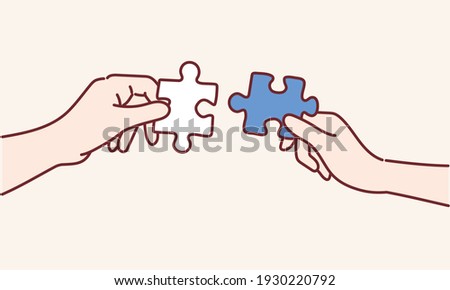 The man and woman holds in hand a jigsaw puzzle. Business solutions, success and strategy concept. Hand drawn style vector design illustrations.