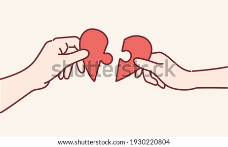 Man and woman put the red heart puzzle together. Concept of Valentine's day. Hand drawn style vector design illustrations.