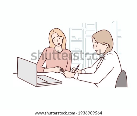Smiling young female doctor in white medical uniform consult female patient using tablet on consultation. Hand drawn style vector design illustrations.