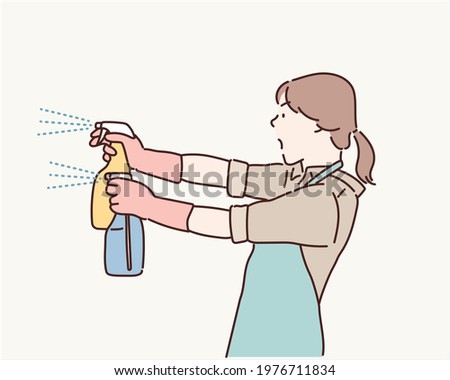 Cleaning concept. Woman hand in yellow rubber protective gloves hold cleaning agent bottle. Hand drawn style vector design illustrations.
