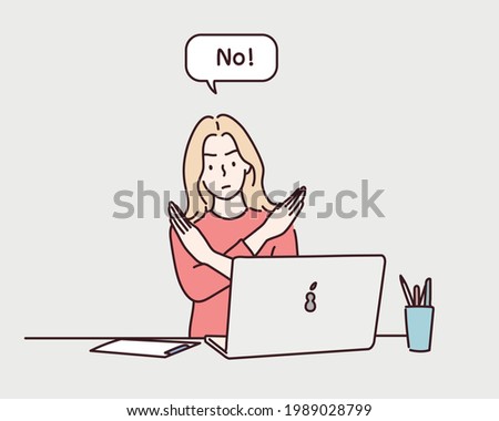 Woman making no hand sign or x symbol, crossing hands, expressing negative feeling, rejection, displeased. Hand drawn style vector design illustrations.