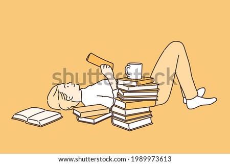 Woman lying down with book reading. Hand drawn style vector design illustrations. ストックフォト © 