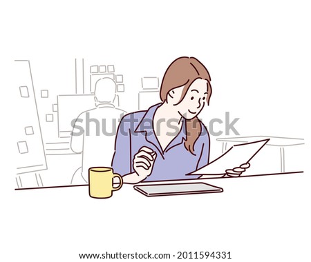 business young woman working in a office. Hand drawn style vector design illustrations.