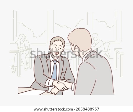 Two confident business man shaking hands during a meeting in the office, success, dealing, greeting. Hand drawn style vector design illustrations.