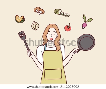 woman wearing an apron. Hand drawn style vector design illustrations.