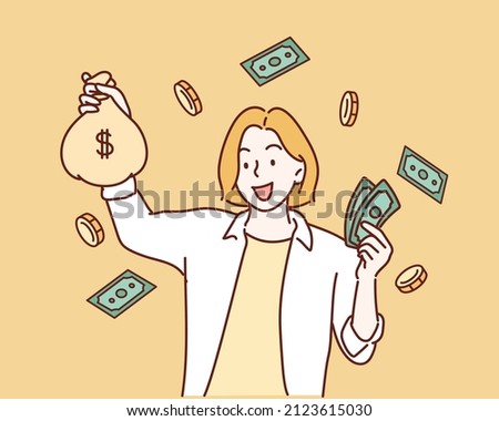 Successful american woman holding fan of money dollar bills.Hand drawn style vector design illustrations.