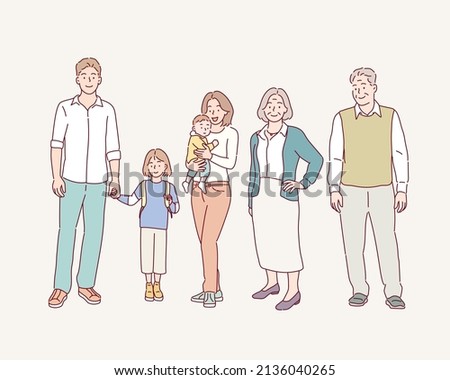 Happy big family standing together flat vector illustration. Grandma, grandpa, mom, dad, children. Hand drawn style vector design illustrations.