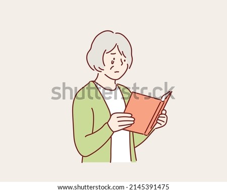  Old woman crying reading a book. Hand drawn style vector design illustrations.