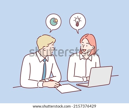 man and woman discussing work . Hand drawn style vector design illustrations.