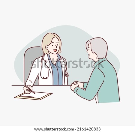 doctor in white medical uniform talk discuss results or symptoms with female patient. Hand drawn style vector design illustrations.