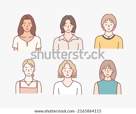 Female diverse faces, different ethnicity and hairstyle. Hand drawn style vector design illustrations.