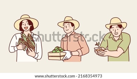 Farmer woman and man with vegetable. Hand drawn style vector design illustrations.