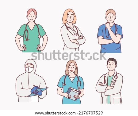 Frontline heroes, Illustration of doctors and nurses characters. Hand drawn style vector design illustrations.