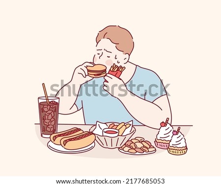 fat man hungry and eat a junk food on the table, this image can use for cookie, hot dog, doughnut, hamburger, potatoes, fried, french fries and fat.Hand drawn style vector design illustration