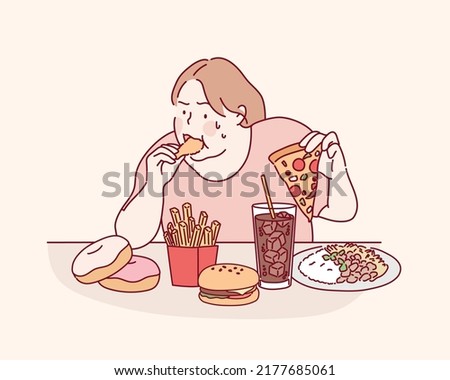 fat girl hungry and eat a junk food on the table, this image can use for pizza, hot dog, doughnut, hamburger, potatoes, fried, french fries and fat.Hand drawn style vector design illustration