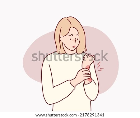 Tormented suffering from woman hurting holding painful wrist. Hand drawn style vector design illustrations. Stock foto © 
