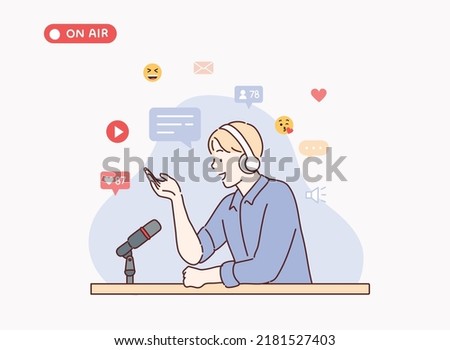 Podcast host recoding, streaming an series of online radio episode. Man blogger in headset and microphone, making media record at home or studio. Hand drawn style vector design illustrations.
