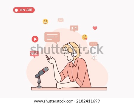 Podcast host recoding, streaming an series of online radio episode. Woman blogger in headset and microphone, making media record at home or studio. Hand drawn style vector design illustrations.