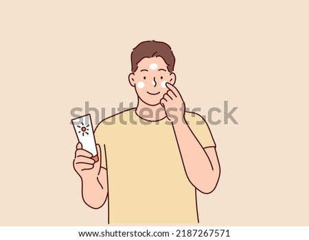 man with sunblock. Hand drawn style vector design illustrations.