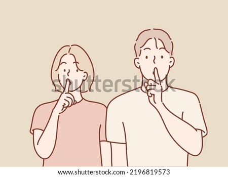  female and male make silence sign, keep fore fingers on lips, tell secret and private information. Hand drawn style vector design illustrations.