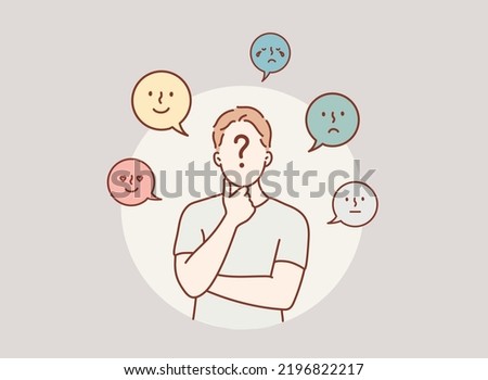 Young Man expressing different state of mood. Hand drawn style vector design illustrations.