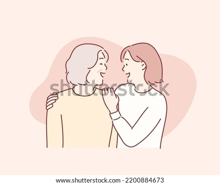 young daughter embracing her mother with love. Hand drawn style vector design illustrations.