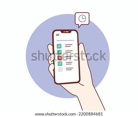 Hand holding mobile smart phone with сhecklist app. Successful completion of business tasks. Hand drawn style vector design illustrations.