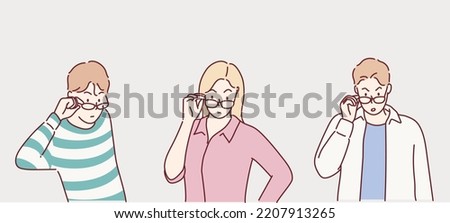 people wearing glasses skeptic and nervous, frowning upset because of problem. Hand drawn style vector design illustrations.