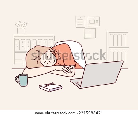Deadline, overworking, sleep,  business concept. Tired exhausted overworked businessman clerk manager sleeping taking nap on office workplace table.Hand drawn style vector design illustration