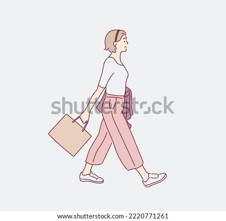 Full length body size photo of young girl walking. Hand drawn style vector design illustrations.