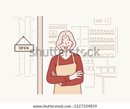  small business owner smiling and standing with crossed arms outside the cafe. Hand drawn style vector design illustrations.